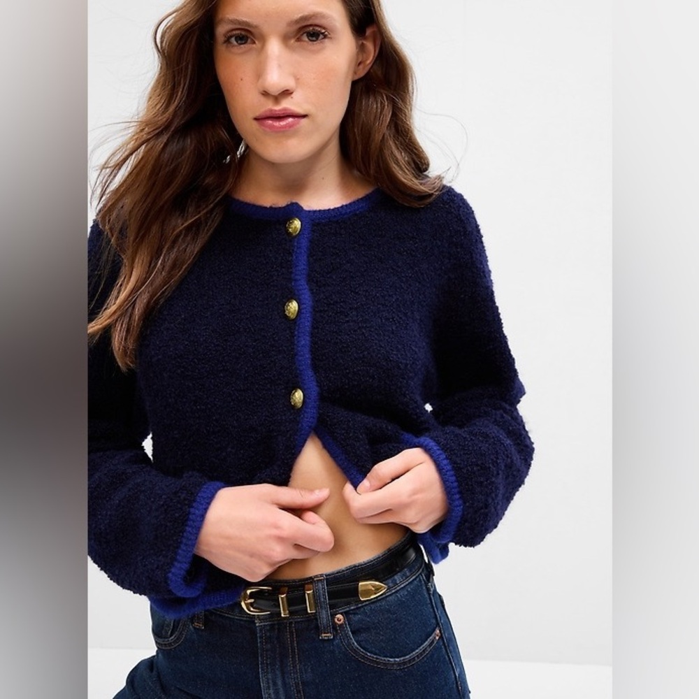 GAP Boucle Cropped Sweater Jacket Navy Blue, Size Medium